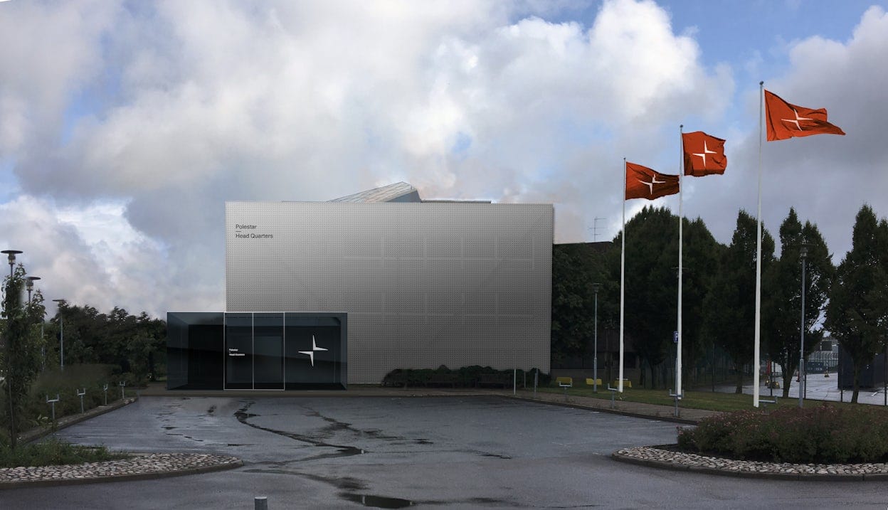 A sketch of a grey minimalistic building with red Polestar flags in front.