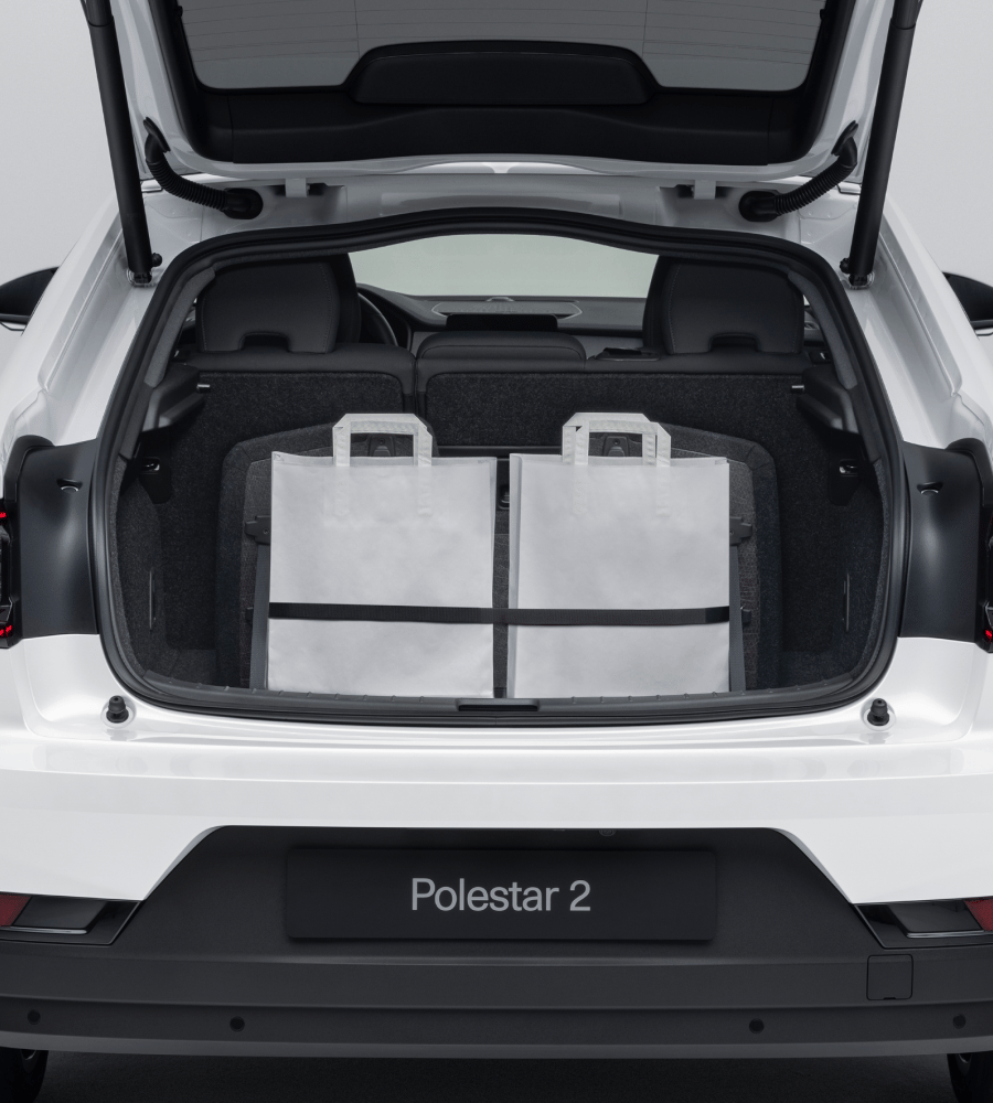Rear luggage compartment of the Polestar 2 showing the bag holder