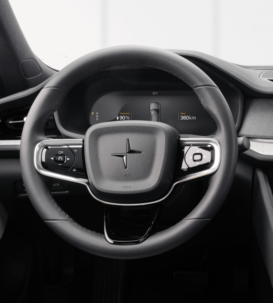 The steering wheel of the Polestar 2 that can be heated