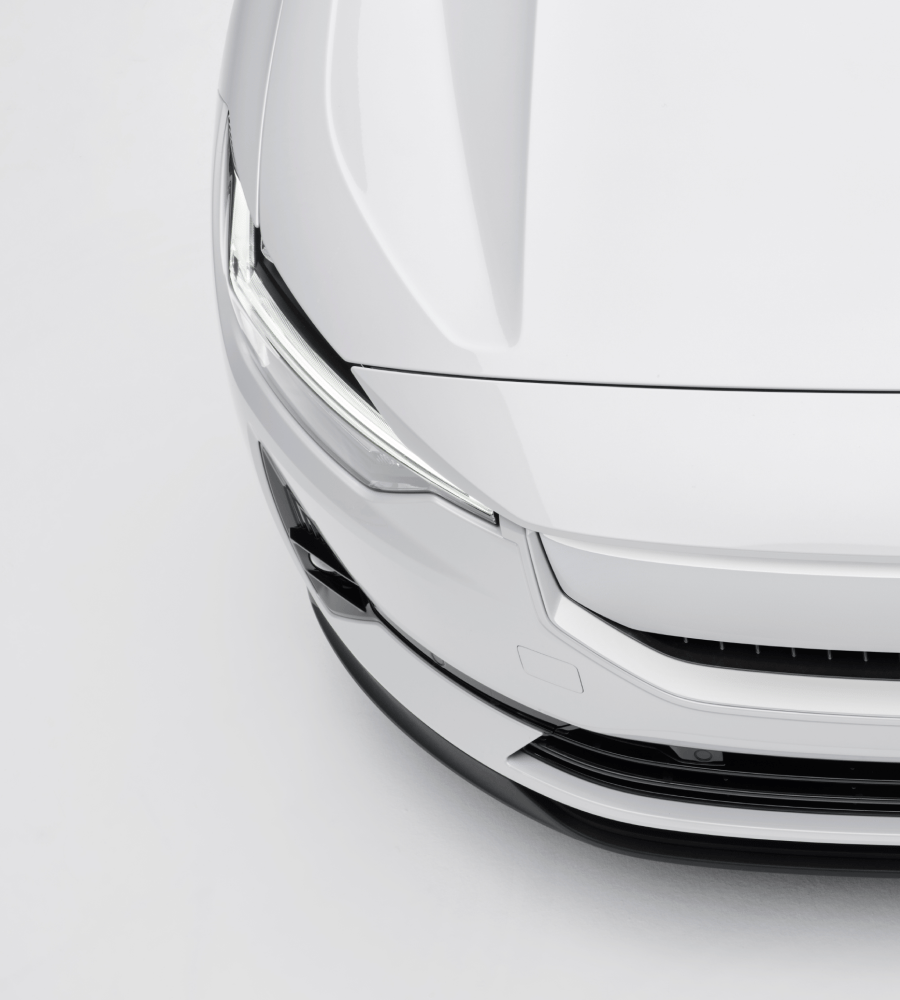 Front of the Polestar 2 showing the high beam front light
