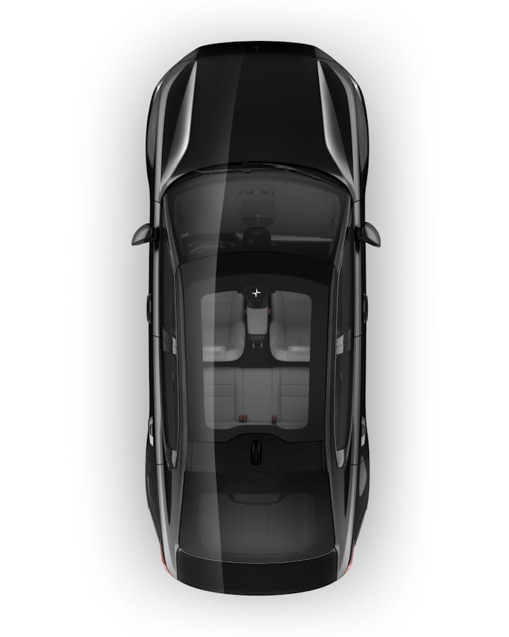 Birds eye view of a black Polestar 2 with panoramic glass roof.