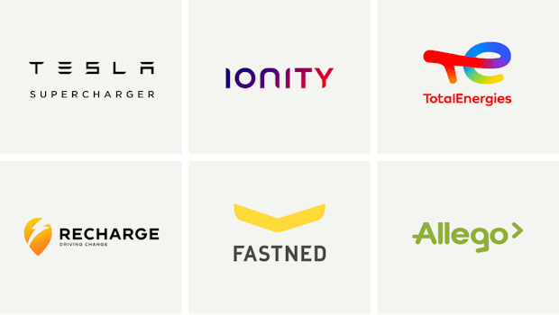Tesla Supercharger, Ionity, TotalEnergies, Recharge, Fastned and Allego logos grouped together.