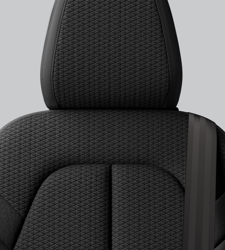 Embossed textile seat in Charcoal upholstery.