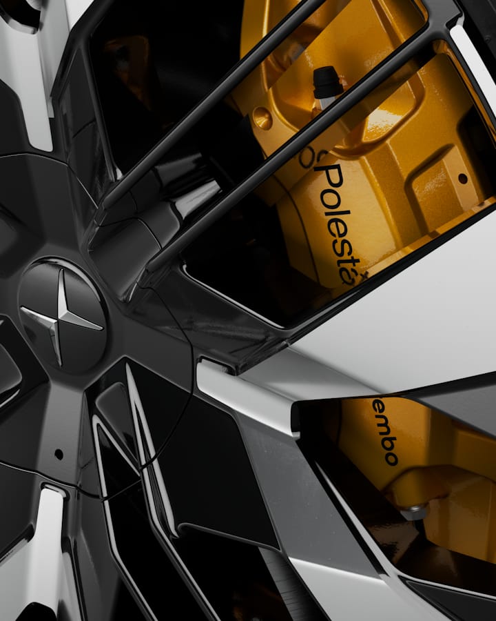 Detailed view of the swedish gold brake callipers on the wheel