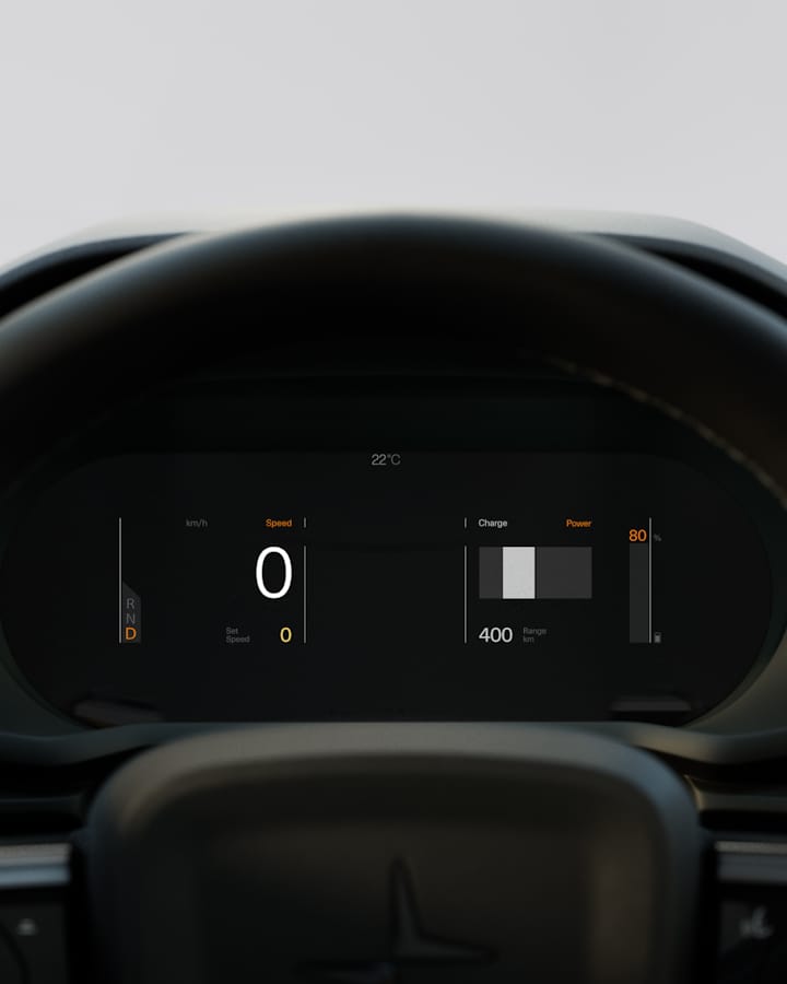 Driver display showing the calm mode of the Polestar 2