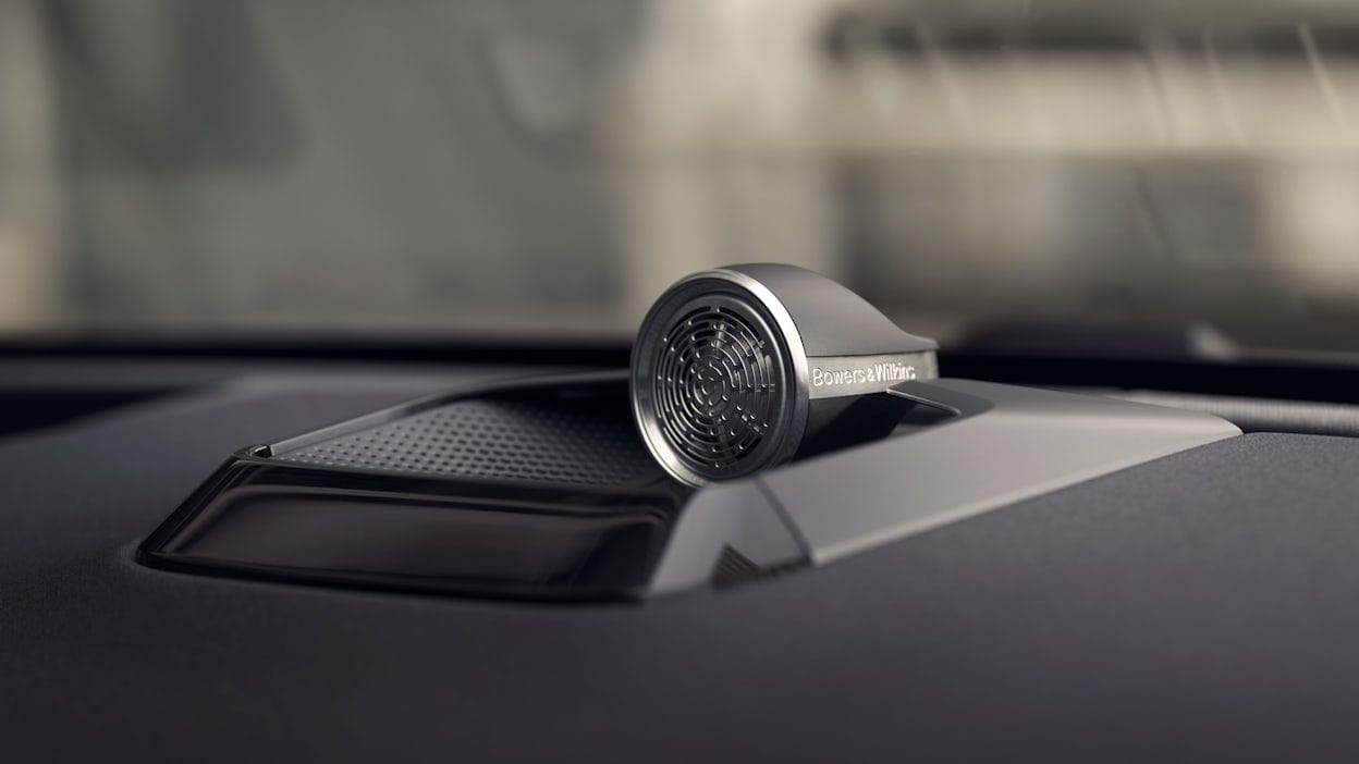 Interior of a Polestar 3 focused on the Bowers & Wilkins sound system
