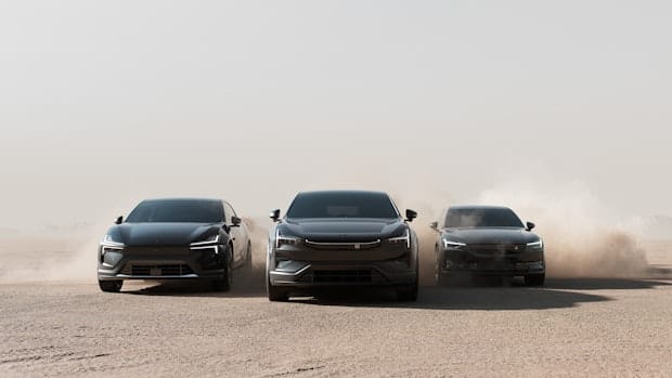 Polestar 2, Polestar 3, and Polestar 4 driving on sand dunes