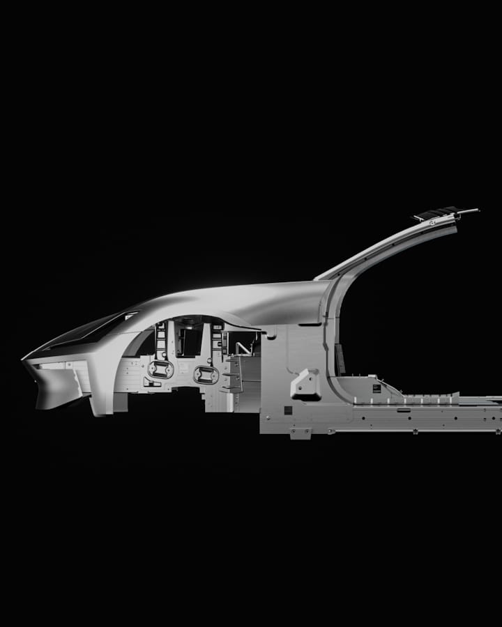 The bonded unibody of Polestar electric roadster concept in anodised aluminium.