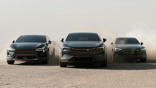 Three Polestar cars driving with dust around them