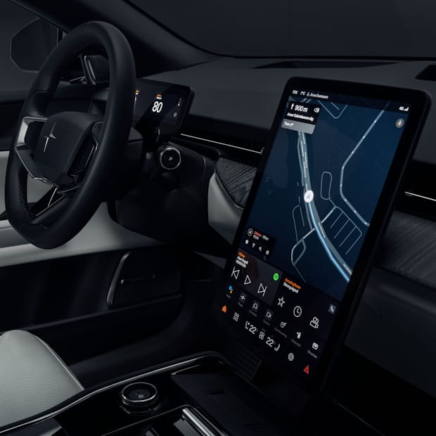 Polestar 3 infotainment center display and steering wheel