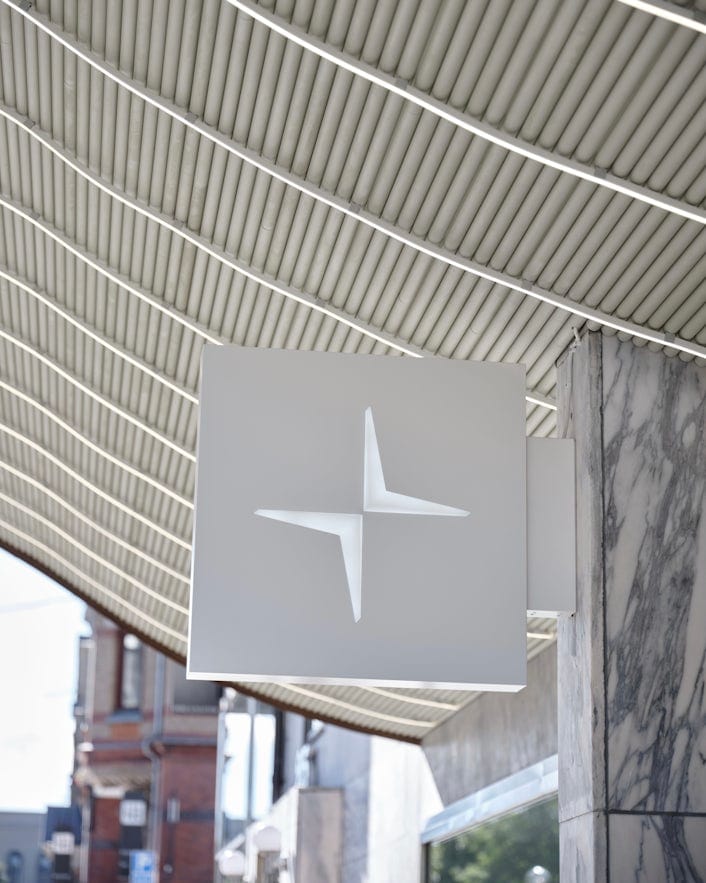 Polestar logo outside Polestar space in Gothenburg