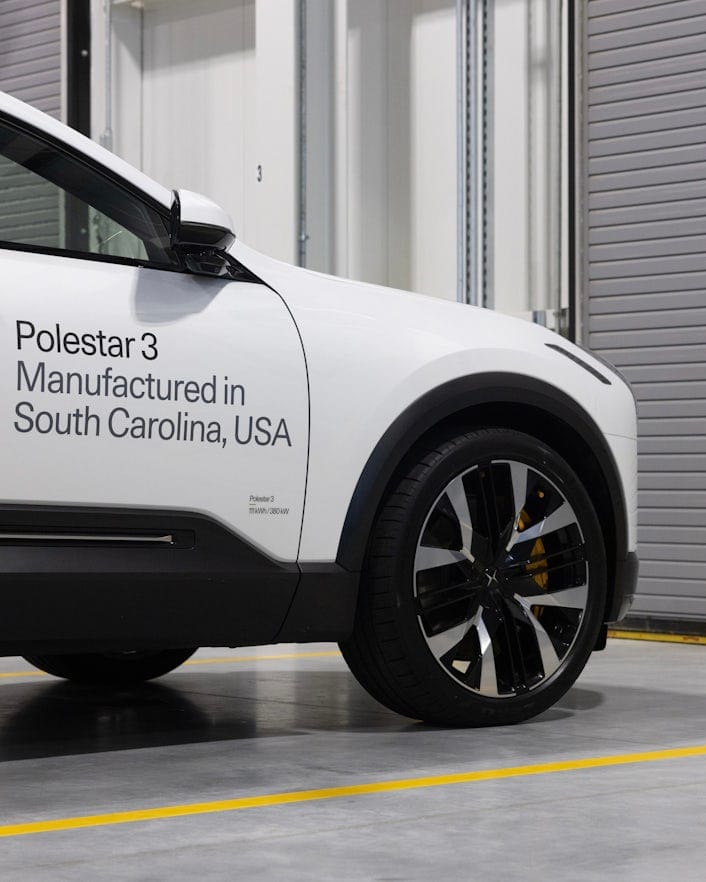 Polestar 3 about to drive out the factory gate in Ridgeville, South Carolina.