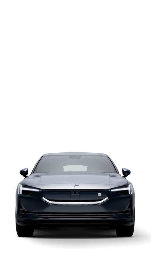 Front view of dark blue Polestar 2 against white backdrop