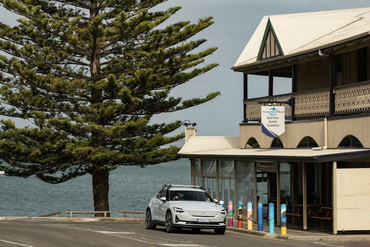 Stan's Polestar 2 drives down the main street in Kingscote, Kangaroo Island's main town