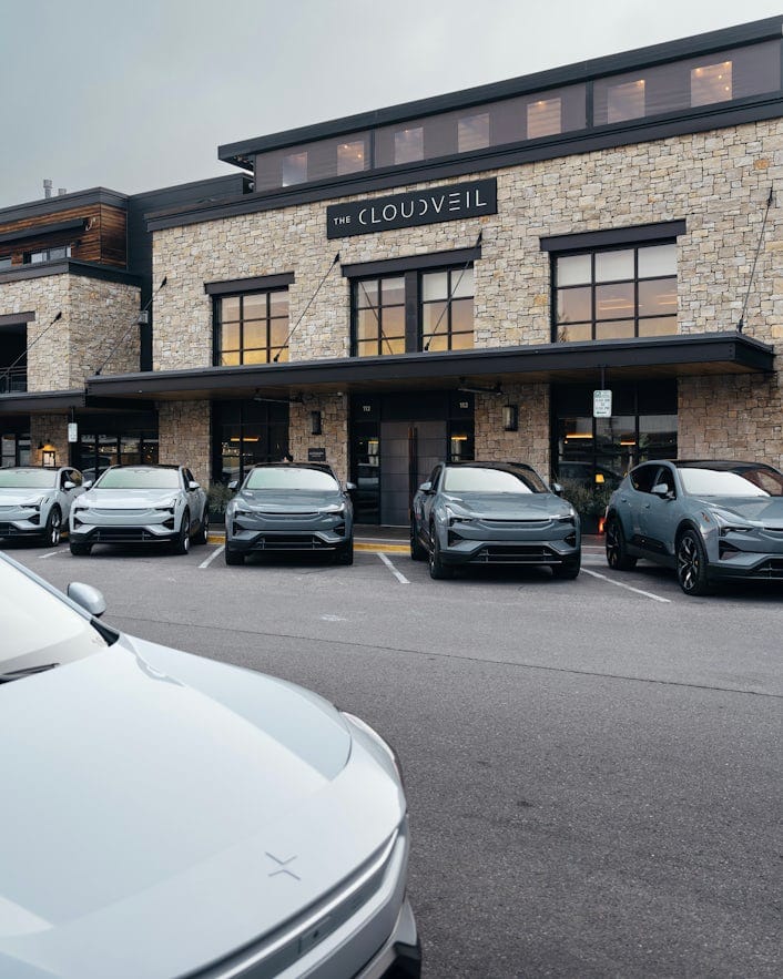 Polestar 3's lined up in front of a hotel in Jackson Hole, Wyoming.