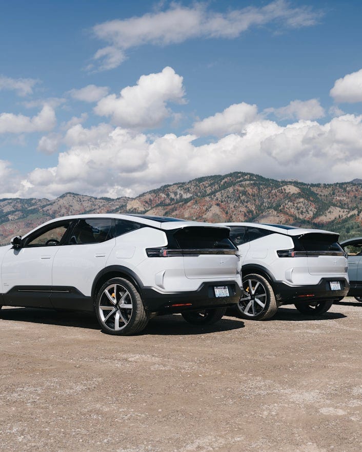 Polestar 3 lined up, ready to be driven by media.