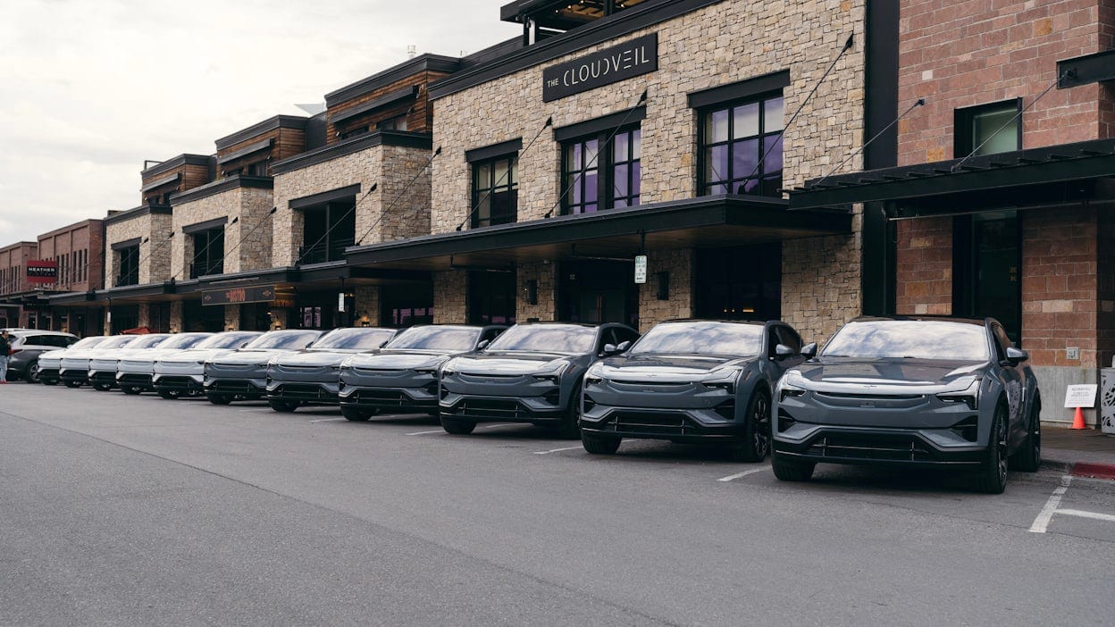 Polestar 3's lined up in front of a hotel in Jackson Hole, Wyoming.