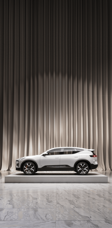 Sepia toned image of white Polestar 3 on a podium curtains draped in the background