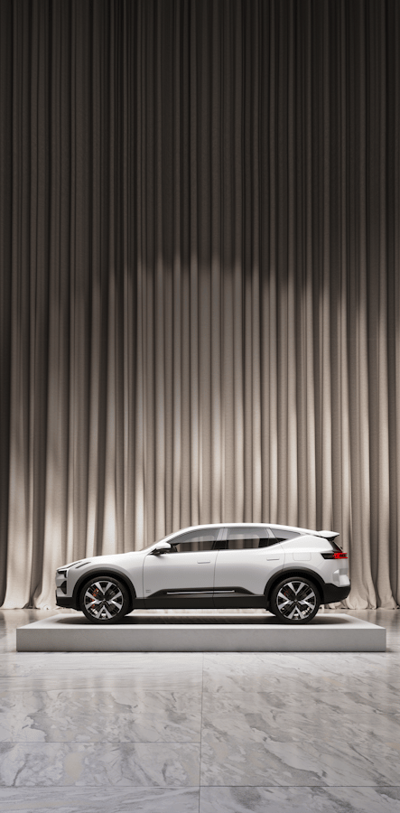 Sepia toned image of white Polestar 3 on a podium curtains draped in the background